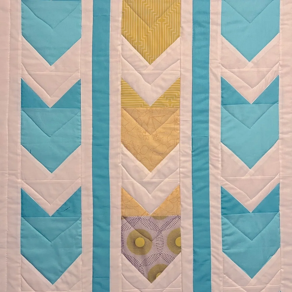 NWT handmade quilt white blue yellow arrows
